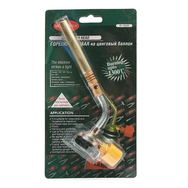 Горелка RF-195GB газовая на цанговый баллон (t-1300гр., L-195мм), в блистере ROCKFORCE /1