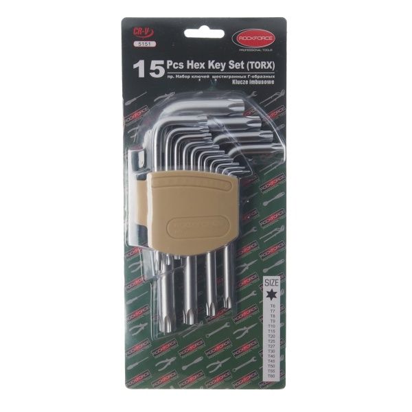 Набор ключей RF-5151 TORX Г-образных, 15пр.(Т6- Т10,Т15,Т20,Т25,Т27,Т30,Т40,Т45,Т50,Т55,Т60)в пластиковом держателе ROCKFORCE /1