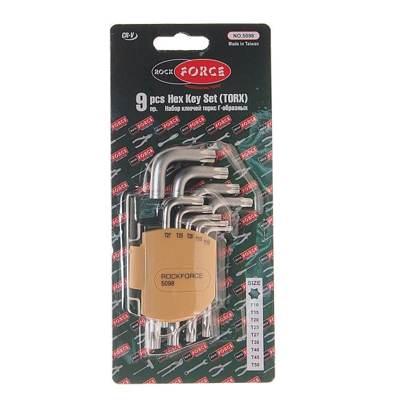 Набор ключей TORX RF-5098: Г-образных T10-T50 9пр. на пласт. держат.  ROCKFORCE /1/10/40