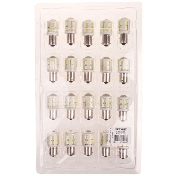 Автолампа диод S25 (P21W) 12-24V 28 SMD диодов BA15s 1-конт Белая SKYWAY Противотуманные, стопы, задний ход, повороты