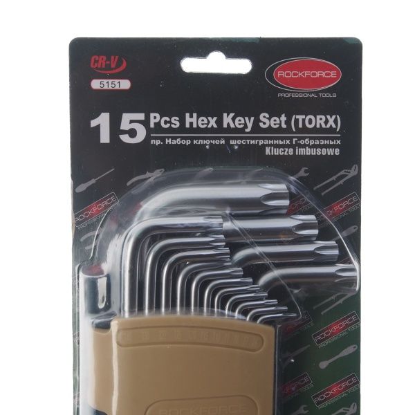 Набор ключей RF-5151 TORX Г-образных, 15пр.(Т6- Т10,Т15,Т20,Т25,Т27,Т30,Т40,Т45,Т50,Т55,Т60)в пластиковом держателе ROCKFORCE /1