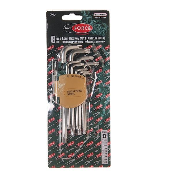 Набор ключей TORX RF-5098TL: длинных  Т10Н-Т50Н- с отверстием 9пр. на пласт. держат. ROCKFORCE /1/10/50