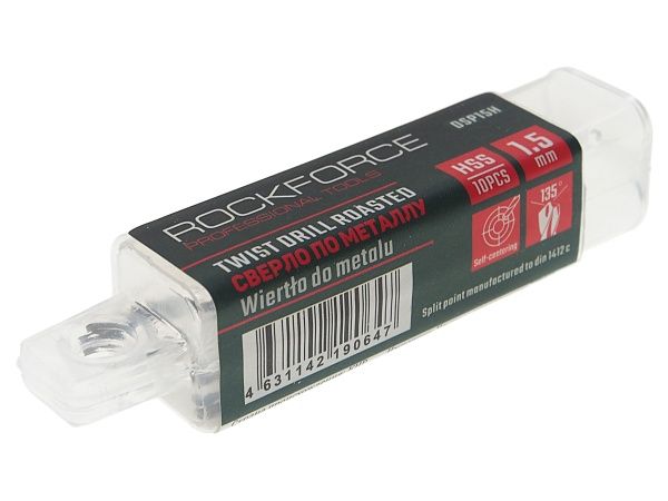 Сверло по металлу 1.5мм HSS+Co(10шт), в пластиковом футляре  ROCKFORCE /1
