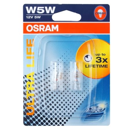 Автолампа W5W (W2.1*9.5d) ULTRA LIFE (блистер, 2шт) 12V OSRAM /1/10/50/200 NEW